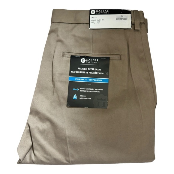 Haggar Men’s Premium Dress Khaki Pants Straight Fit Expandable Waist 30x32 NWT - Picture 3 of 11